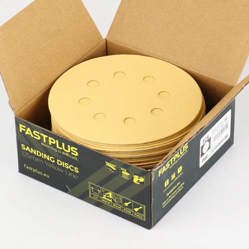 Sanding Discs 125mm x 8 Hole Yellow Aluminium Oxide F25 – 50 Pack
