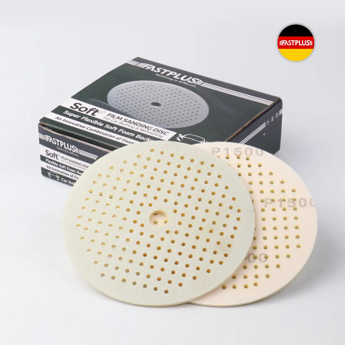 fastplus FF12 soft+ 150mm Schaumstoff Folienscheiben K1500 zum Schleifen und Polieren carsysten foam jupiter film discs P1500 for sanding and polishing car refinishing