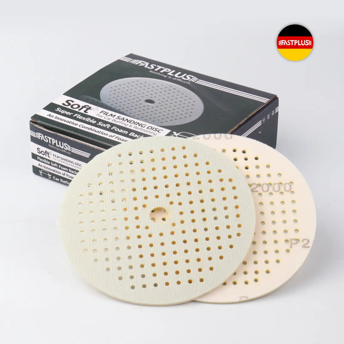fastplus FF12 soft+ 150mm Schaumstoff Folienscheiben K2000 zum Schleifen und Polieren carsysten foam jupiter film discs P2000 for sanding and polishing car refinishing
