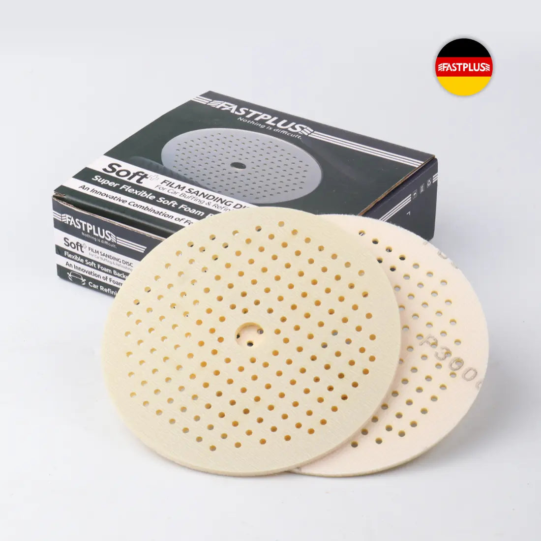 fastplus FF12 soft+ 150mm Schaumstoff Folienscheiben K3000 zum Schleifen und Polieren carsysten foam jupiter film discs P3000 for sanding and polishing car refinishing