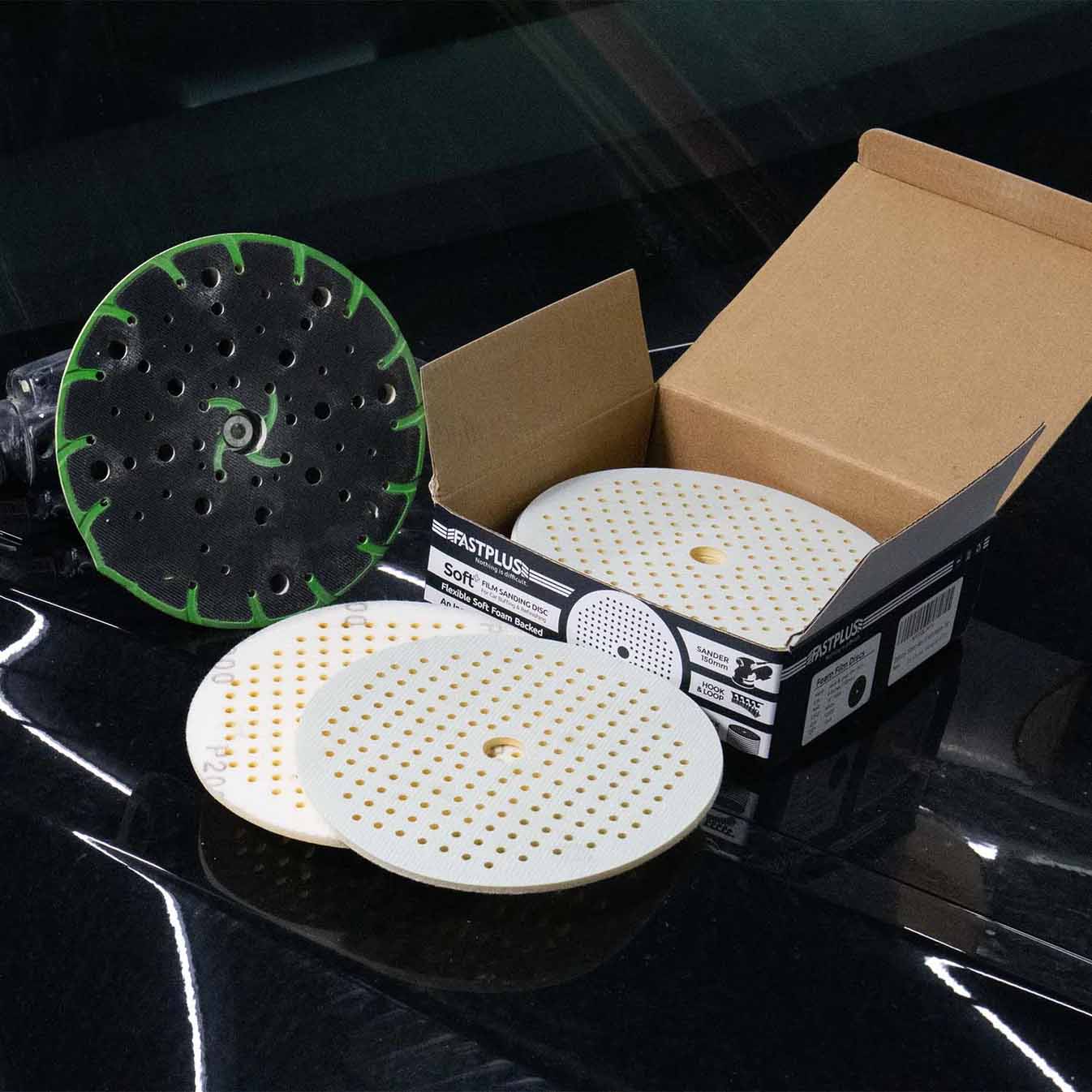 fastplus FF12 soft+ 150mm Schaumstoff Folienscheiben zum Schleifen und Polieren fastplus foam film discs for sanding and polishing car refinishing