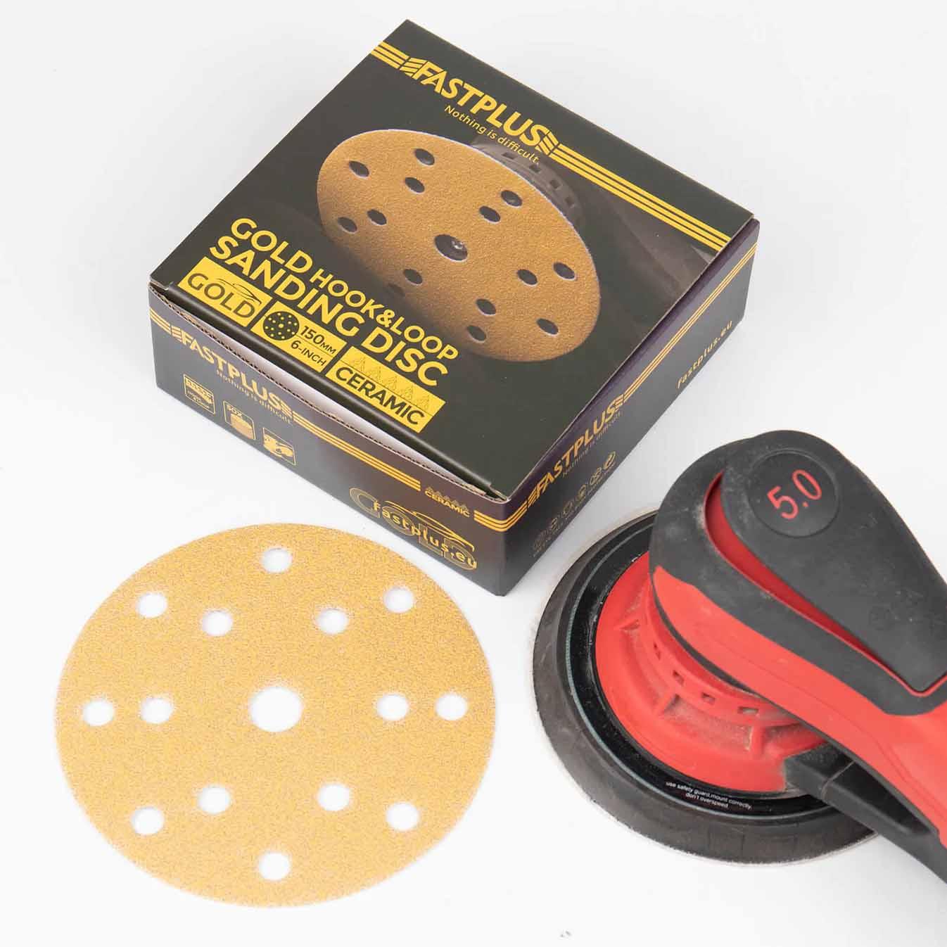 fastplus Gold Sanding Discs 150 mm suitable for different random orbital sanders fastplus Gold Schleifscheiben 150 mm geeignet für verschiedene mirka Exzenterschleifer bosch festool rupe Disques Abrasifs