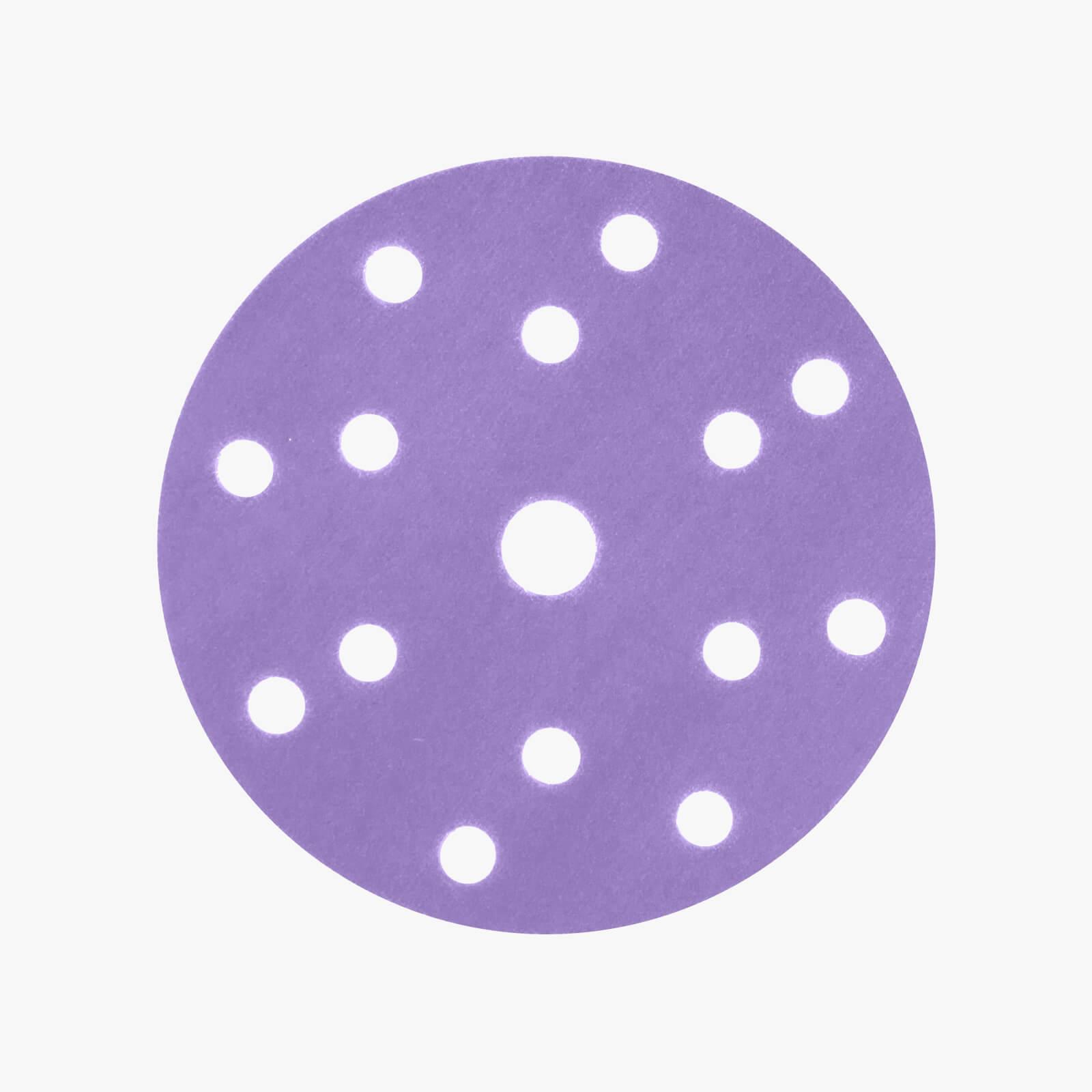 PURO Folienschleifscheibe 150 mm Keramik-Klettverschluss mit 15 Löchern, 50 Stück - Lila Film Sanding Disc 150mm Ceramic Velcro with 15 Holes, 50 pieces - Purple for auto sanding and polishing - fastplus abrasives