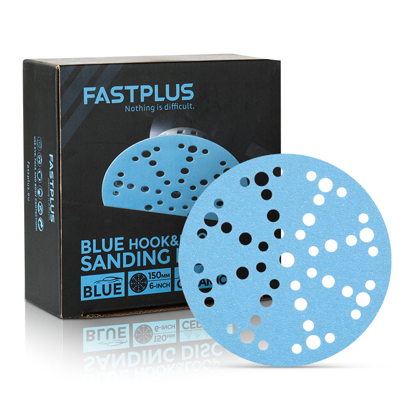 Blue sanding disc with FASTPLUS packaging on a white background