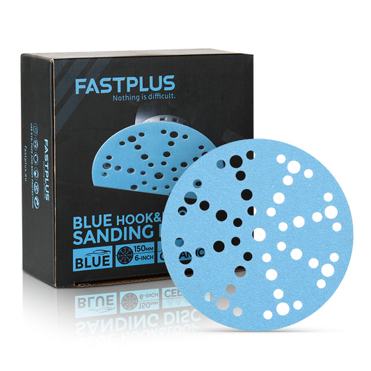 Blue sanding disc with FASTPLUS packaging on a white background