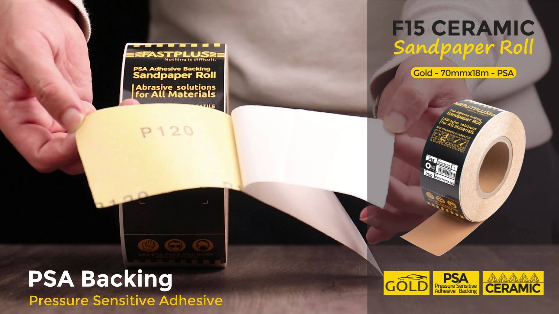 Load video: Gold Sandpaper Roll, F15 Adhesive PSA backing 70mmx18m by Fastplus Abrasives Gold Schleifpapier rollen, F15 Klebrige PSA Rückseite 70mmx18m von Fastplus Schleifmittel