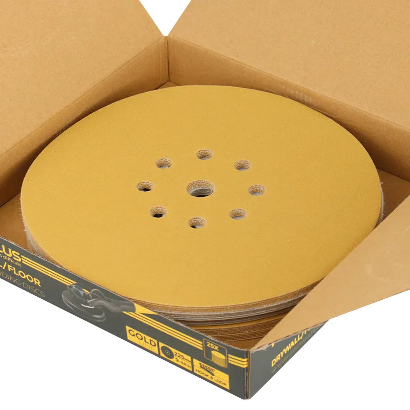Sanding Discs 225mm x 8+1 Hole Gold for Drywall & Floor Sanding F15 – 25 Pack