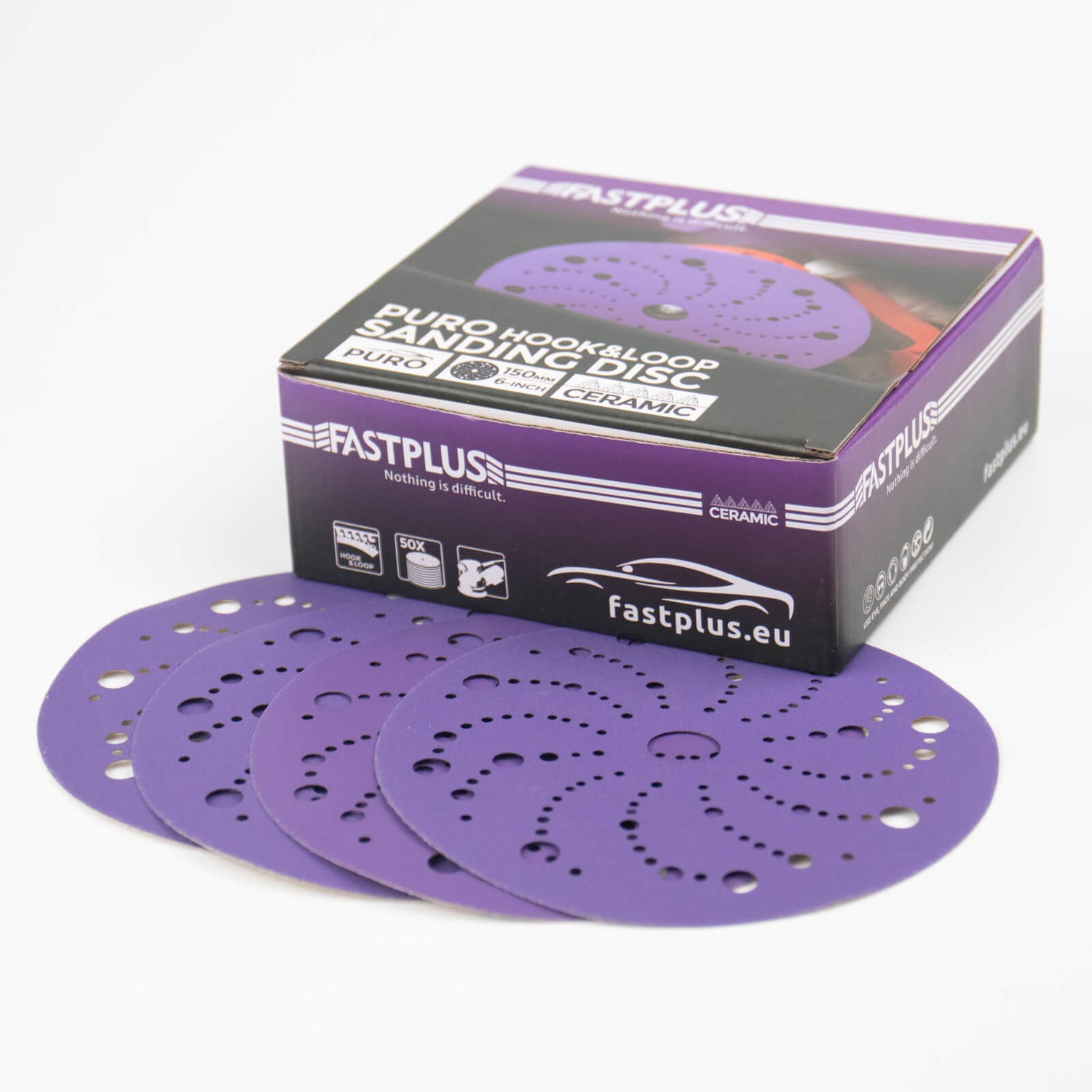 Schleifscheiben PURO Keramik 150 mm Klettverschluss Multi-Loch, 50 Stück - Lila Ceramic Sanding Discs 150mm Velcro Multi-hole, 50 pieces - Purple