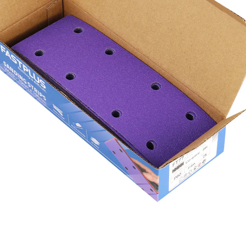 Sanding Strips 70x198mm x 8 Hole Purple Ceramic Velcro – 25 Pack