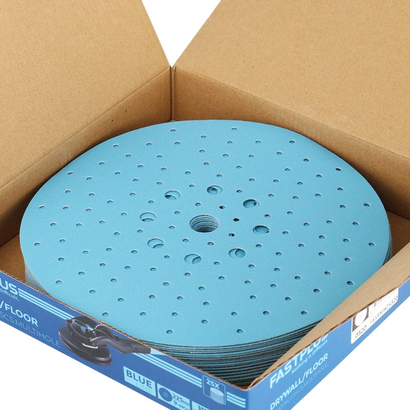 Sanding Discs 225mm x Multi-Hole Blue Ceramic for Drywall & Floor Sanding  F65 – 25 Pack