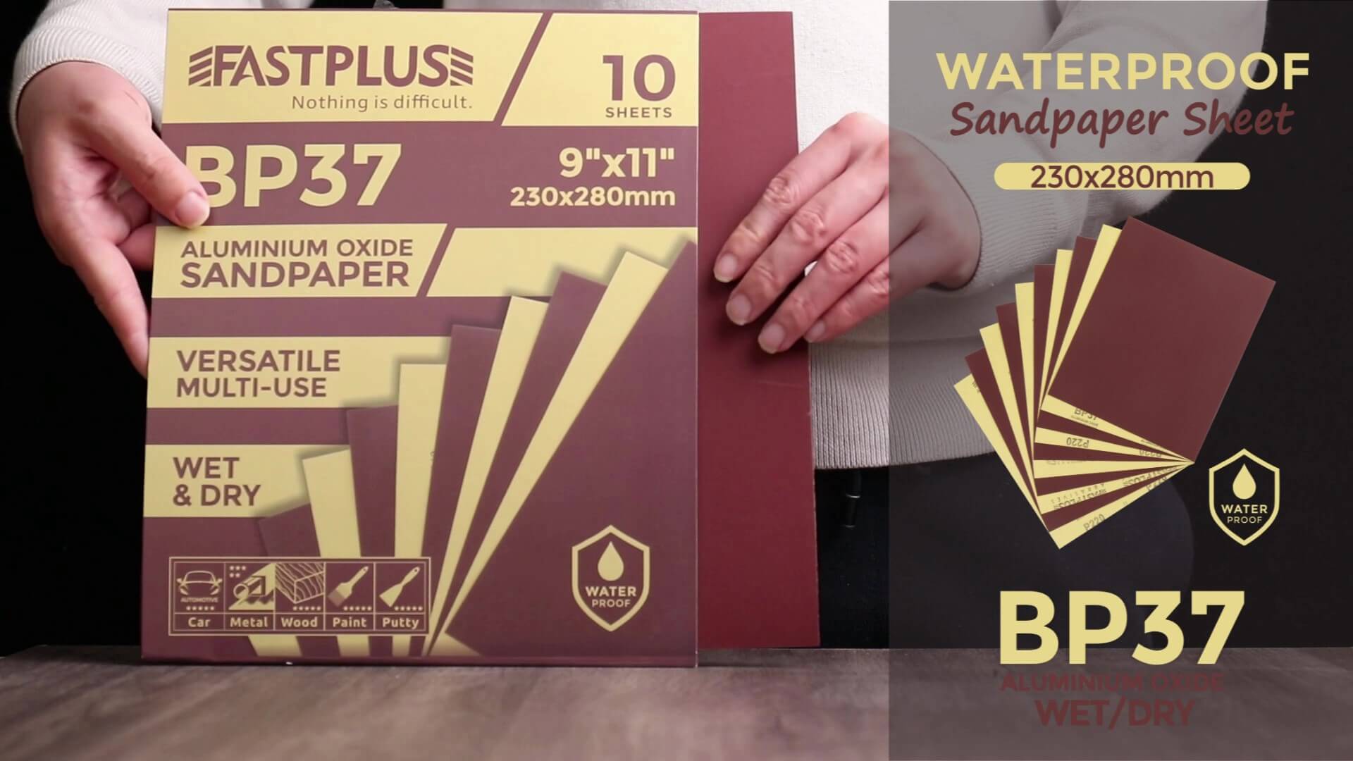 Load video: wet or dry sandpaper sheet BP37 230x280mm aluminium oxide by fastplus abrasives Nassschleifpapier Blatt BP37 230x280mm Aluminiumoxid von Fastplus Schleifmittel